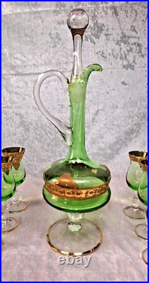 Venetian Green Glass Decanter Bottle With 6 Glasses 16.5 Gold Gilt Italy Vintage