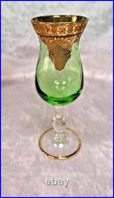 Venetian Green Glass Decanter Bottle With 6 Glasses 16.5 Gold Gilt Italy Vintage