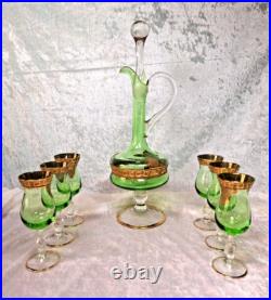 Venetian Green Glass Decanter Bottle With 6 Glasses 16.5 Gold Gilt Italy Vintage