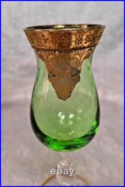Venetian Green Glass Decanter Bottle With 6 Glasses 16.5 Gold Gilt Italy Vintage