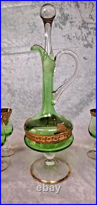 Venetian Green Glass Decanter Bottle With 6 Glasses 16.5 Gold Gilt Italy Vintage