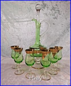 Venetian Green Glass Decanter Bottle With 6 Glasses 16.5 Gold Gilt Italy Vintage
