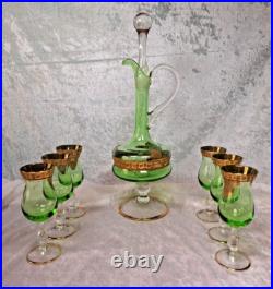 Venetian Green Glass Decanter Bottle With 6 Glasses 16.5 Gold Gilt Italy Vintage