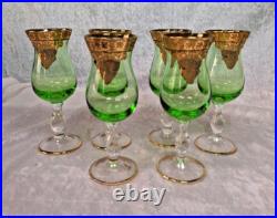 Venetian Green Glass Decanter Bottle With 6 Glasses 16.5 Gold Gilt Italy Vintage