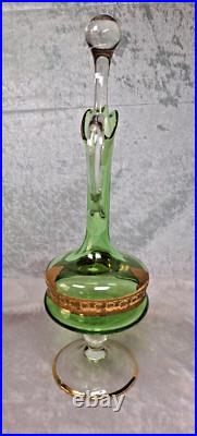 Venetian Green Glass Decanter Bottle With 6 Glasses 16.5 Gold Gilt Italy Vintage