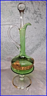 Venetian Green Glass Decanter Bottle With 6 Glasses 16.5 Gold Gilt Italy Vintage