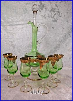 Venetian Green Glass Decanter Bottle With 6 Glasses 16.5 Gold Gilt Italy Vintage