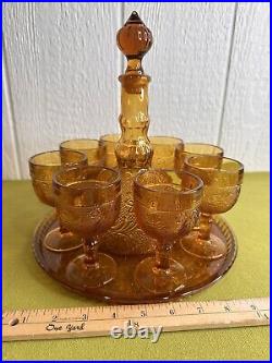 Vintage 10 Piece Amber Glass Indiana Tiara Decanter With Tray And 8 Glasses