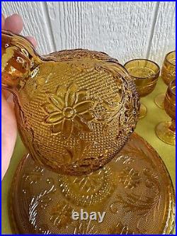 Vintage 10 Piece Amber Glass Indiana Tiara Decanter With Tray And 8 Glasses