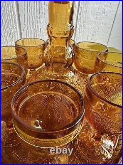 Vintage 10 Piece Amber Glass Indiana Tiara Decanter With Tray And 8 Glasses