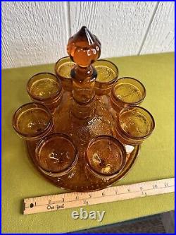 Vintage 10 Piece Amber Glass Indiana Tiara Decanter With Tray And 8 Glasses