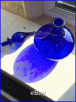 Vintage 13 Cobalt Blue Glass Genie Bottle, Squat Mid Century Decanter Stopper