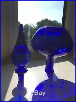 Vintage 13 Cobalt Blue Glass Genie Bottle, Squat Mid Century Decanter Stopper