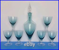 Vintage 14.5 Green Empoli Glass Decanter With Stopper & 6 Glasses Italy