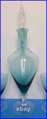 Vintage 14.5 Green Empoli Glass Decanter With Stopper & 6 Glasses Italy
