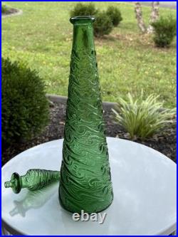 Vintage 17.5 Emerald Green Italian Empoli Genie Bottle Wave Textured Decanter