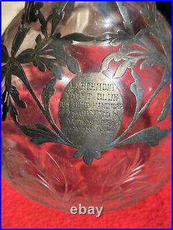 Vintage 1913 Larchmont Yacht Club Glass Decanter Trophy With Silver Overlay