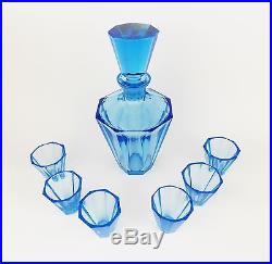 Vintage 1920s Art Deco Drinking set Decanter Curt Faceted Blue MOSER Hoffmann