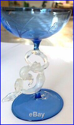 Vintage 1930s Art Deco Bimini Handblown Blue Glass Clear Mermaids Decanter Set