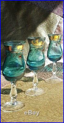 Vintage 1930s Blue gilded Italian Venetian Murano Decanter & glass Set 7 Pc