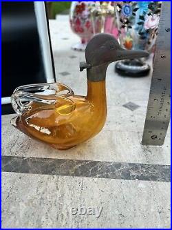 Vintage 1940's Antique Amber Cased Glass Duck Decanter Brass Head from Austria