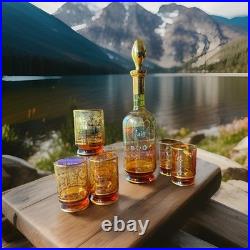 Vintage 1950's Venetian Amber Glass Decanter Set 6 Glasses Gold Gilding Gondola