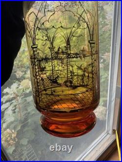 Vintage 1950's Venetian Amber Glass Decanter Set 6 Glasses Gold Gilding Gondola