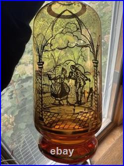 Vintage 1950's Venetian Amber Glass Decanter Set 6 Glasses Gold Gilding Gondola