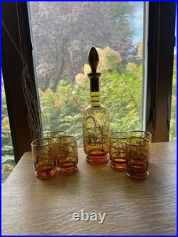 Vintage 1950's Venetian Amber Glass Decanter Set 6 Glasses Gold Gilding Gondola