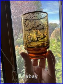 Vintage 1950's Venetian Amber Glass Decanter Set 6 Glasses Gold Gilding Gondola
