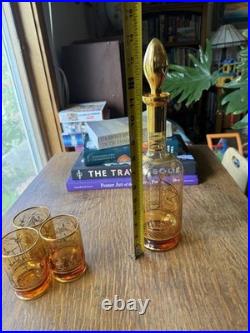 Vintage 1950's Venetian Amber Glass Decanter Set 6 Glasses Gold Gilding Gondola