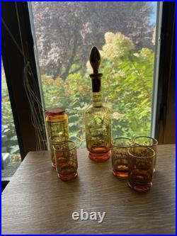 Vintage 1950's Venetian Amber Glass Decanter Set 6 Glasses Gold Gilding Gondola