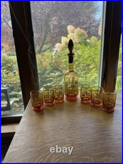 Vintage 1950's Venetian Amber Glass Decanter Set 6 Glasses Gold Gilding Gondola