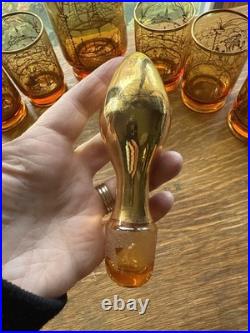 Vintage 1950's Venetian Amber Glass Decanter Set 6 Glasses Gold Gilding Gondola