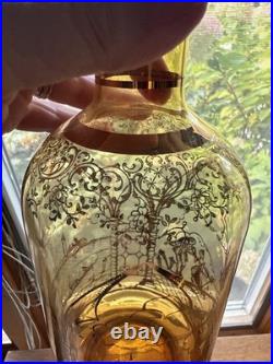 Vintage 1950's Venetian Amber Glass Decanter Set 6 Glasses Gold Gilding Gondola