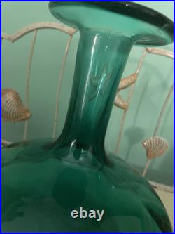 Vintage 1958 Art Glass Blue Aqua Hand Blown Decanter 8 Inches Tall