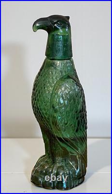 Vintage 1960's Bessi Italy Green Glass Freedom Eagle Decanter With Shot Glass