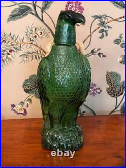 Vintage 1960's Bessi Italy Green Glass Freedom Eagle Decanter With Shot Glass