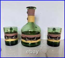 Vintage 1960's Green Glass Decanter & Glasses 3 Pc bar Set, Gold Bridle Buckle