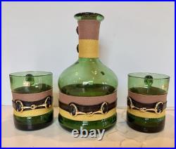 Vintage 1960's Green Glass Decanter & Glasses 3 Pc bar Set, Gold Bridle Buckle