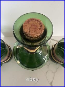 Vintage 1960's Green Glass Decanter & Glasses 3 Pc bar Set, Gold Bridle Buckle