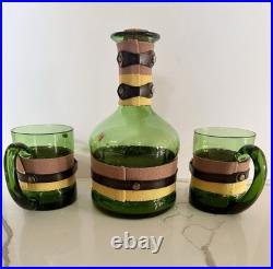 Vintage 1960's Green Glass Decanter & Glasses 3 Pc bar Set, Gold Bridle Buckle
