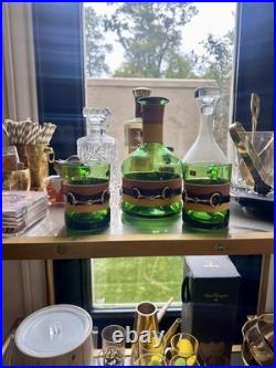 Vintage 1960's Green Glass Decanter & Glasses 3 Pc bar Set, Gold Bridle Buckle