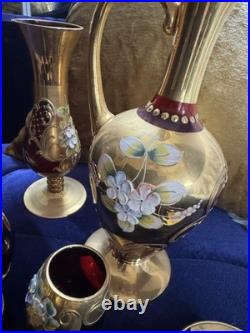 Vintage 1960's Murano Gold Leaf Ruby Decanter Hand-Painted Gold Floral Set
