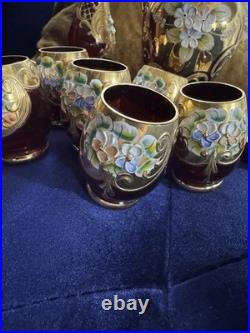 Vintage 1960's Murano Gold Leaf Ruby Decanter Hand-Painted Gold Floral Set