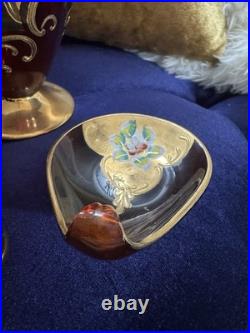 Vintage 1960's Murano Gold Leaf Ruby Decanter Hand-Painted Gold Floral Set