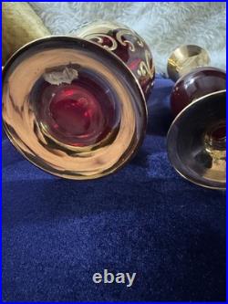 Vintage 1960's Murano Gold Leaf Ruby Decanter Hand-Painted Gold Floral Set