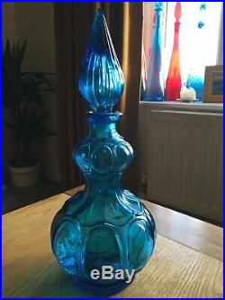 Vintage 1960s Blue Glass Genie Bottle, Squat Italy Decanter Empoli