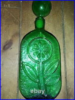 Vintage 1960s Green Glass Empoli Ressini Sunflower Wine Decanter with lid