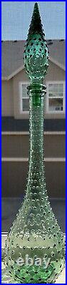 Vintage 1960s Green Hobnail Glass Decanter Genie Bottle With Stopper 22.5 MCM